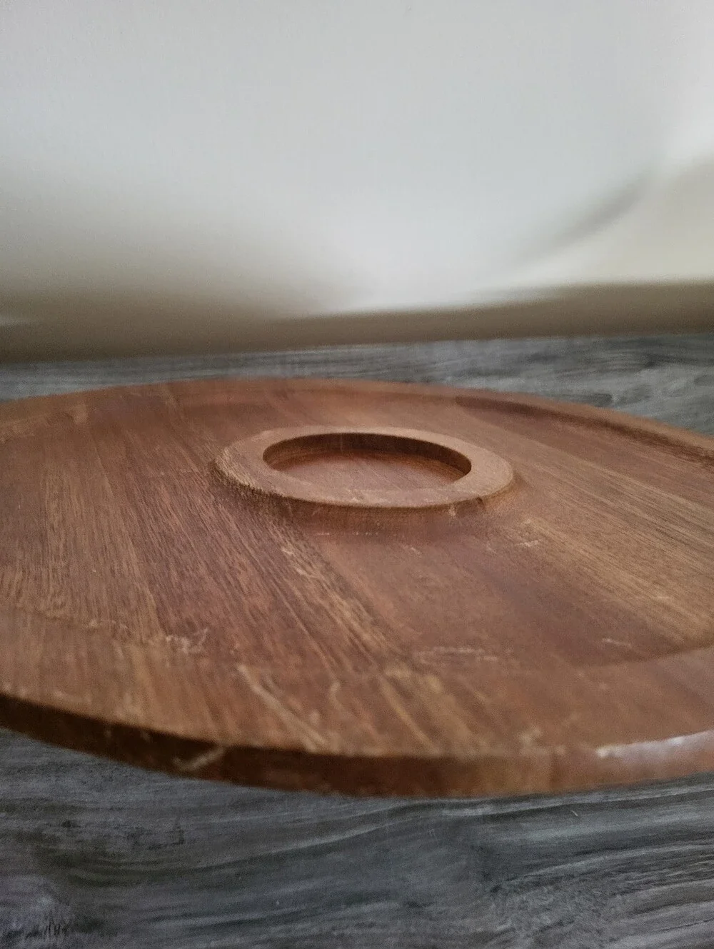 Vintage Dolphin Teak Wood Round Serving Tray 1970s
